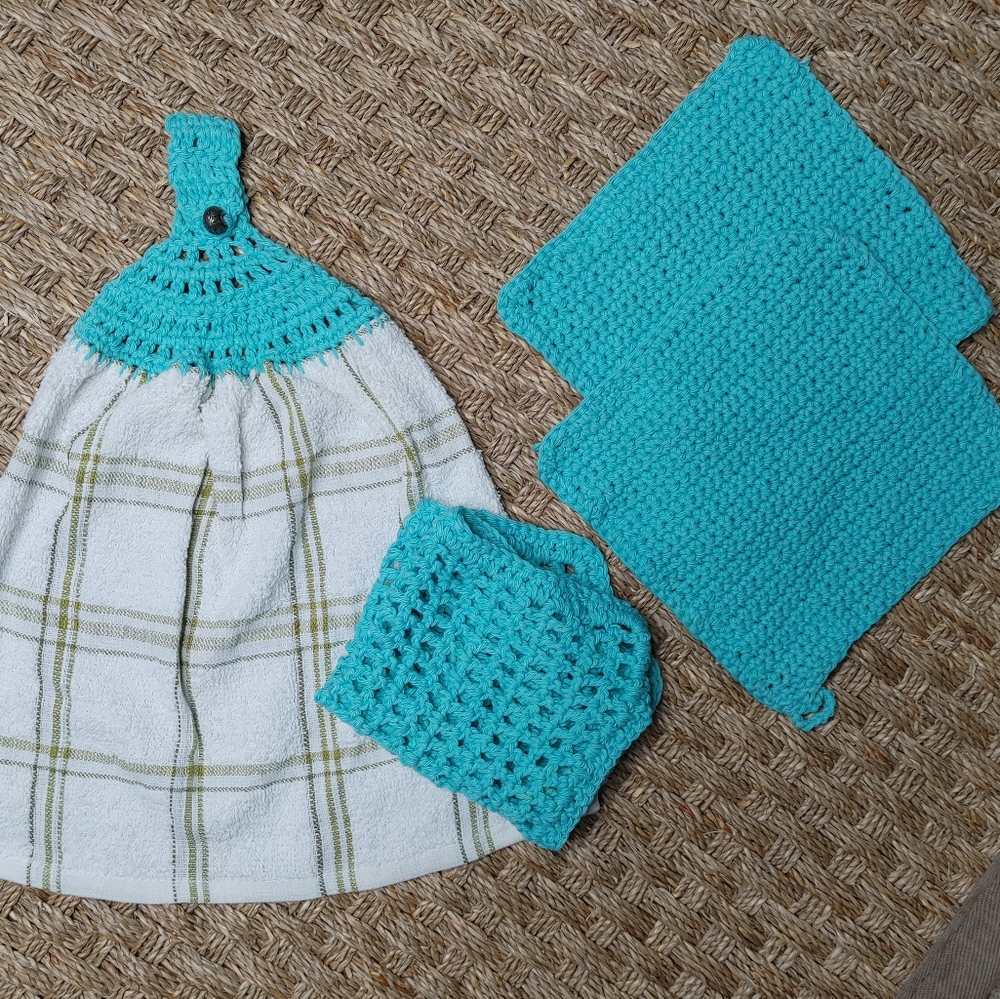 HANDMADE CROCHET KITCHEN TOWEL, HOT PAD SET, SEA BLUE-GREEN